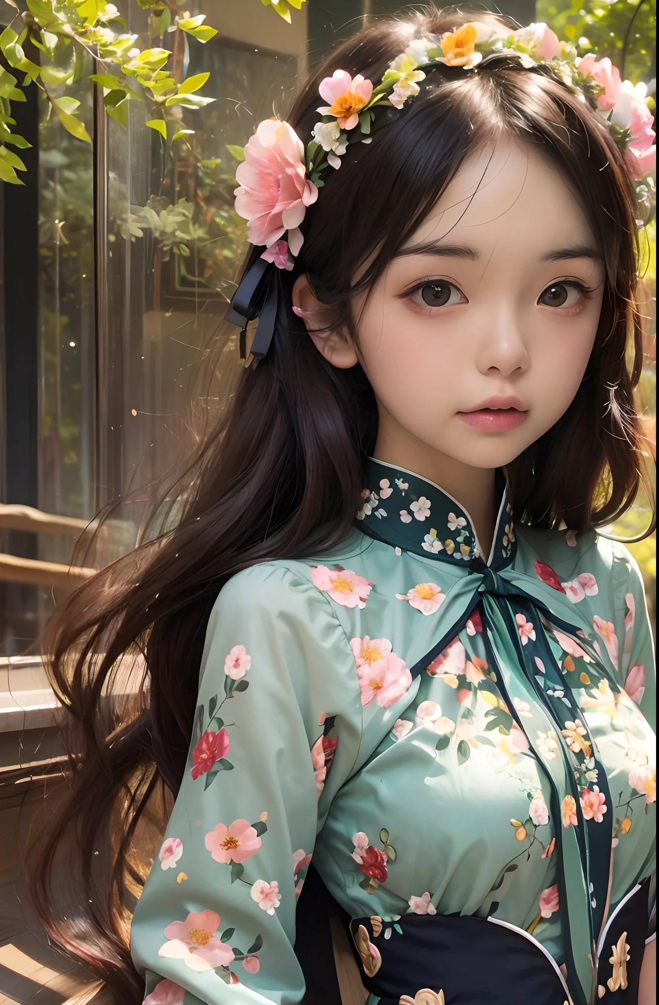 (Need,tmasterpiece),1girll,Pose,Particle,ventania,florals,The upper part of the body,simplebackground,looking at viewert,Focus on the face,The color hair,