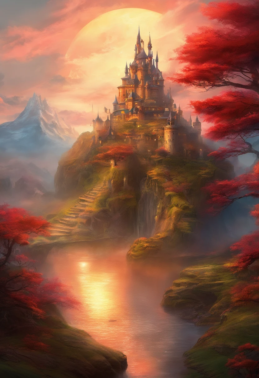 ((masterpiece)),((best quality)),((high detial)),((realistic,))Mysterious outer space, Floating mountains, avatar landscape, Water channels, Hallelujah Hill, (Giant castle floating in the air: 1.5), (Reflection: 0.8), amazing alien landscape, floating and flying island, Land floating in the clouds, Alien landscape, Movie dystopia, Epic matte painting, alien mountains, Dutch Golden Age painting, Fuji colors, Shining, Blurry, fading border, partial underwater shot, Masterpiece, 8K, In a red dream, (Biomechanics Moving Castle Creatures),, Has a complex clockwork mechanism, Luminescent crystal structure, floating platforms, Surrounded by a fantastical landscape.