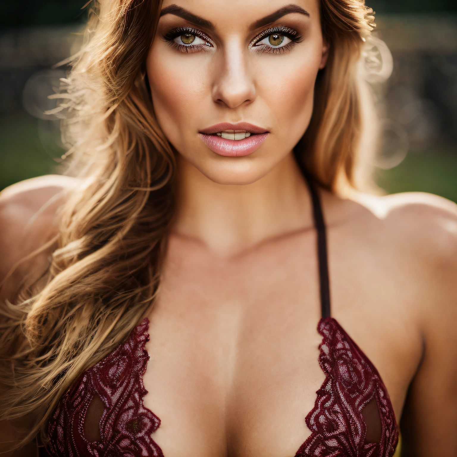 closeup portrait of a young sexy Ukrainian woman with revealing Fit and flare dress in Spa retreat , symmetrical face, Outdoor lighting, Brooding atmosphere, sharp eyes