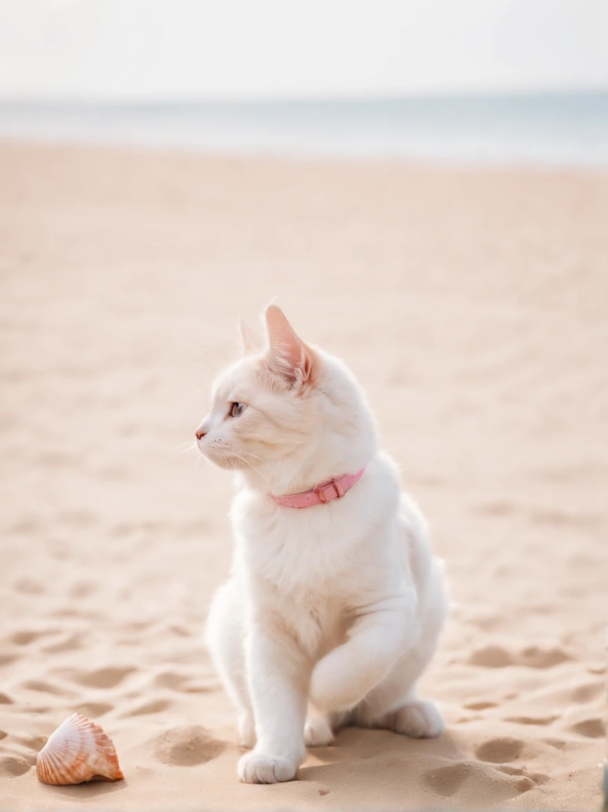 This is a real photo，A cheerful cat wearing a pink dress and a cute sun hat is shown，Cats are anthropomorphic figures，Enjoy a leisurely stroll on the beach of Qinhuangdao。The golden light of the sun surrounds the cat，Its cheerful demeanor is highlighted。A gentle breeze ruffles its hair，Left cheerful paw prints on the sand。Seashells and seagulls add to the charm of the seaside，Bright pastel colors evoke feelings of joy。This photo captures this carefree seaside moment。