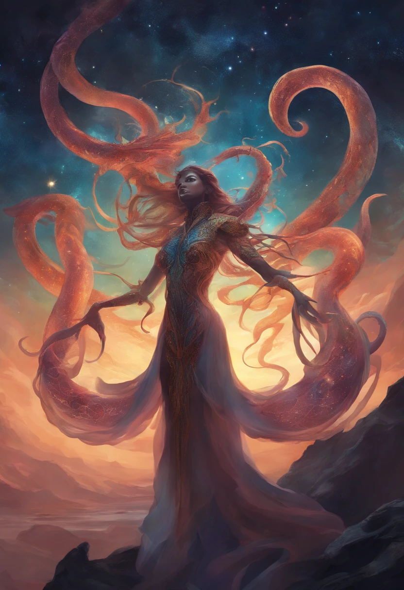 Criatura sem rosto, skin like starry sky, long arms, hands with 3 fingers, tentacles coming out of the whole body, tamanho colossal, aura de um buraco ?????.