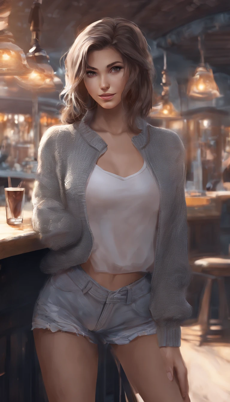 8K, Best Quality, Realistic photos, Detalhes realistas, clear face, delicate facial features, True skin shine, Sweet girl, Shy, facing the camera, A  girl, sitting in a bar in a gray openwork sweater and tight denim, Clear Strip Background, looking out over the sea, Hands on the bar counter, thights, shapely body, big breasts, 24 years old, Charming, seductive eyes