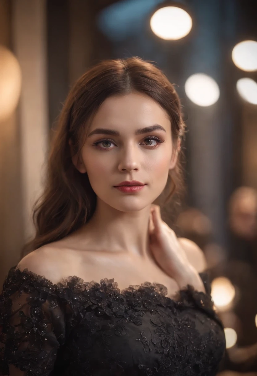 RAW Photo, professional color graded, BREAK portrait photograph of girl Adr1anaCh3chik, (makeup, eyeliner), wearing dress, ((on a stage)), bokeh lights, sharp focus, HDR, 8K resolution, intricate detail, sophisticated detail, depth of field, analogue RAW DSLR, photorealistic, looking at viewer,