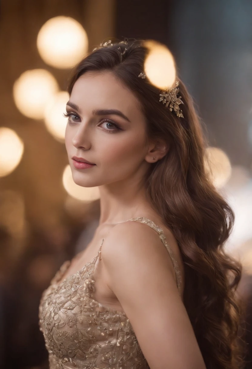 RAW Photo, professional color graded, BREAK portrait photograph of girl Adr1anaCh3chik, (makeup, eyeliner), wearing dress, ((on a stage)), bokeh lights, sharp focus, HDR, 8K resolution, intricate detail, sophisticated detail, depth of field, analogue RAW DSLR, photorealistic, looking at viewer,