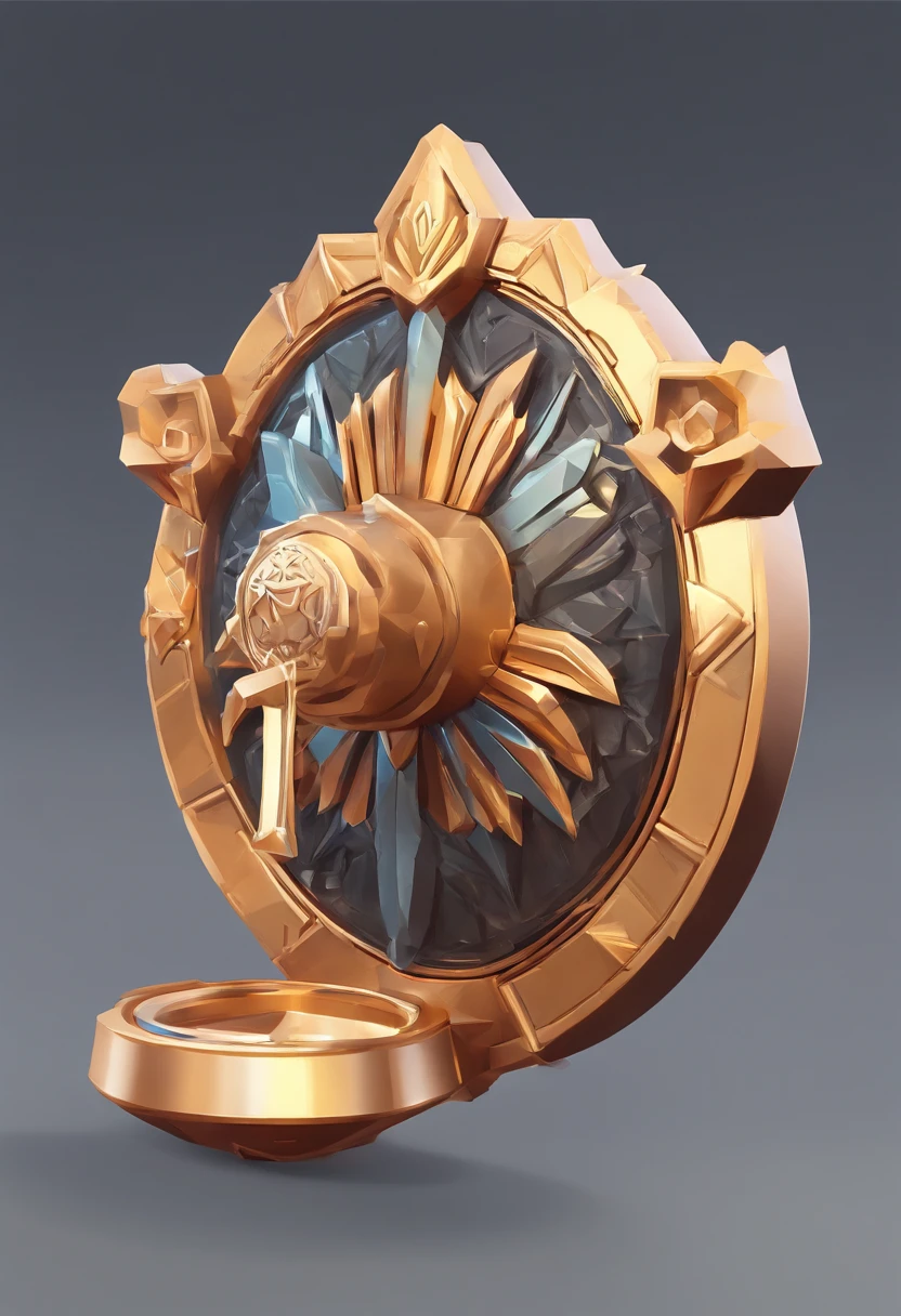 Game medallion with metal faucet closeup with crown，Close-up of the faucet，hearthstone art style, Hearthstone style art, hearthstone concept art, Riot game concept art, style of league of legends, iconic character splash art, League of Legends Crown，头像框，Surrounding metal feathers，copper gold，c4d渲染，Round and delicate，，There is a huge metal faucet in the middle，The head has gorgeous gemstones