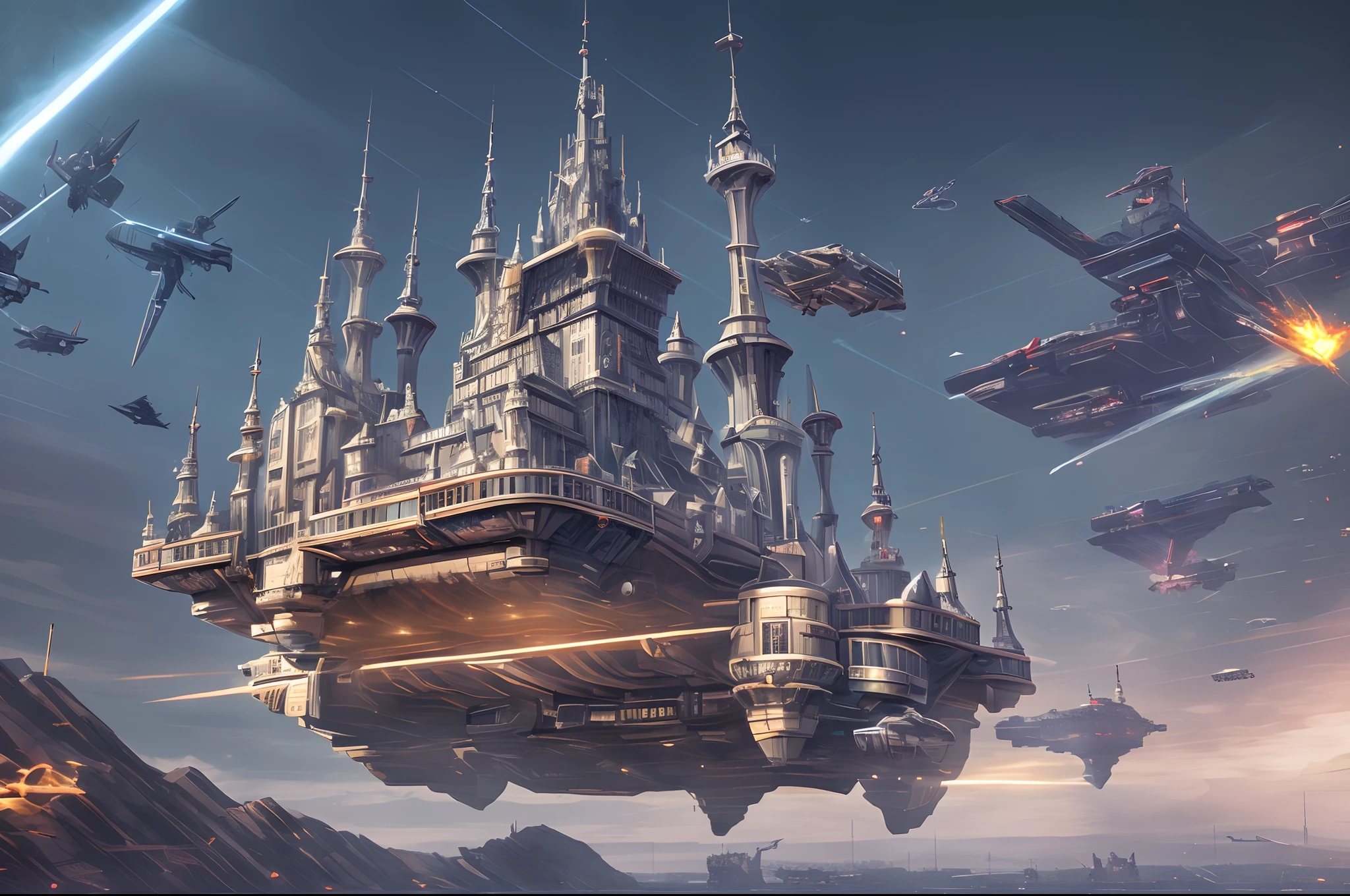 cyber punk style, A moving castle suspended in the air, The castle has casemates and huge thrusters, UHD, masterpiece, ccurate, super detail, high details, high quality, highres