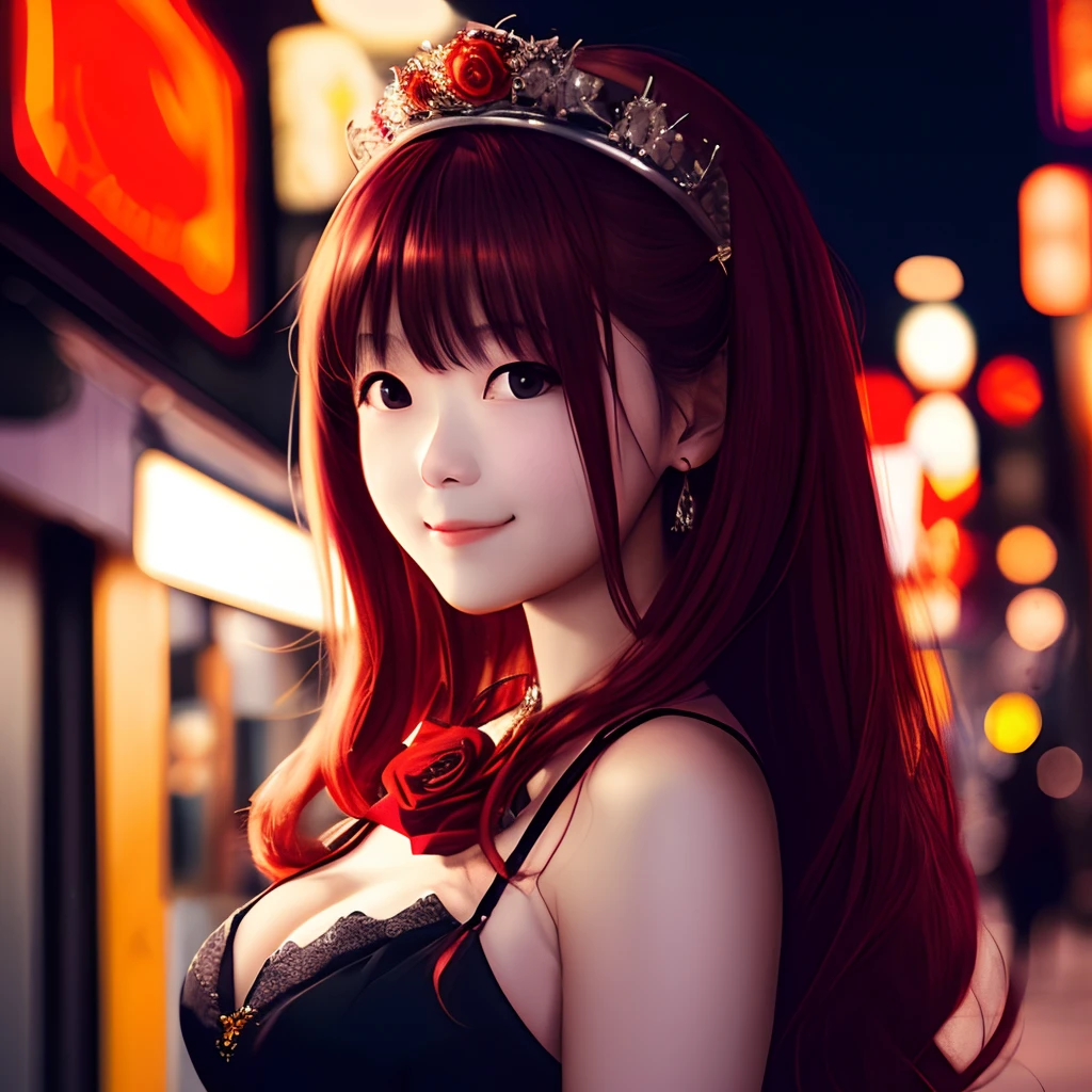 1girl,street Tokyo,the night,city scenery,City lights,The upper part of the body,closeup cleavage,8k,RAW photos,Best Picture Quality,tmasterpiece,photorealestic,photorealestic,Red rose tiara,partedbangs,long whitr hair,ssmile