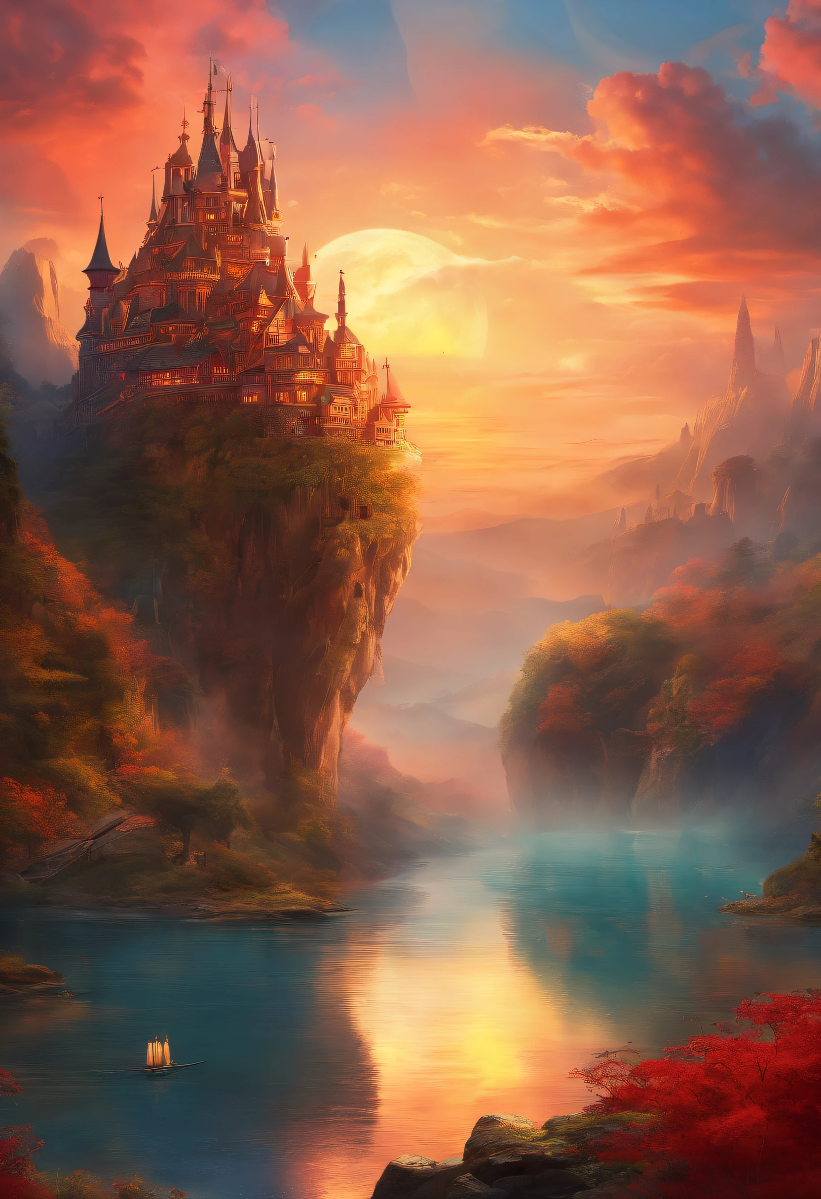 ((masterpiece)),((best quality)),((high detial)),((realistic,))Mysterious outer space, Floating mountains, avatar landscape, Water channels, Hallelujah Hill, (Giant castle floating in the air: 1.5), (Reflection: 0.8), amazing alien landscape, floating and flying island, Land floating in the clouds, Alien landscape, Movie dystopia, Epic matte painting, alien mountains, Dutch Golden Age painting, Fuji colors, Shining, Blurry, fading border, partial underwater shot, Masterpiece, 8K, In a red dream, (Biomechanics Moving Castle Creatures),, Has a complex clockwork mechanism, Luminescent crystal structure, floating platforms, Surrounded by a fantastical landscape.