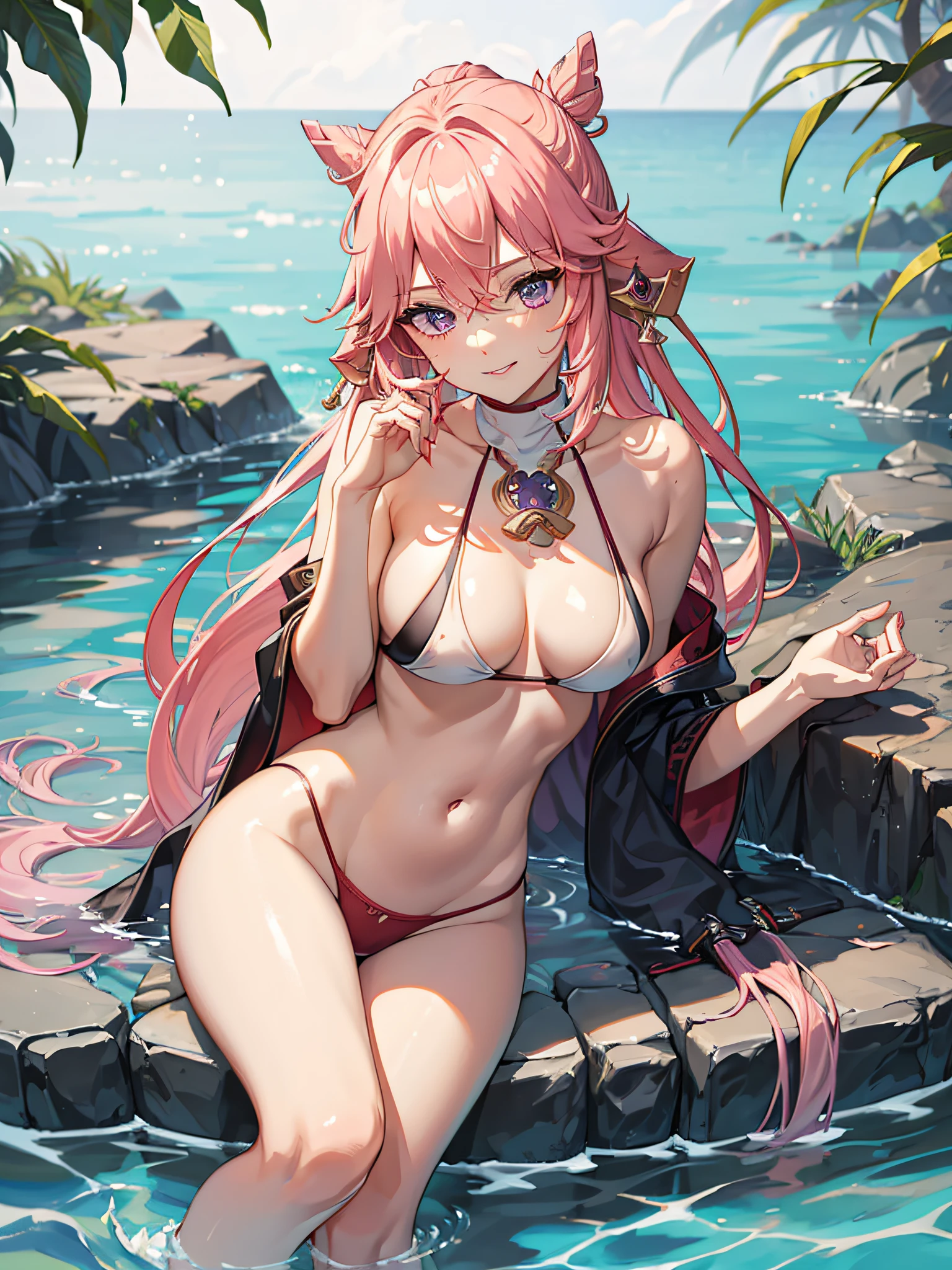 (masterpiece, best quality:1.2), highres, high resolution, solo, 1girl, yae miko, pink hair, side locks, long hair, hair tied up, hair bun, bun, purple eyes, big smile, looking at viewer, no jewellery, no earnings, , , naked, , swimsuit, red bra, red panties, undergarments, BRA, PANTIES, navel, bare navel, large breast, large boobs, large chest, light smile, teeth, bare shoulders, collar bones, collar bones exposed, portrait shot, upper body shot, BREAK outdoors, sitting, hot spring, legs in water, legs crossed, legs, thighs, steps, blur background, sitting, alluring face, beautiful face, perfect fingers, perfect anatomy. PORTRAIT SHOT, masterpiece, high quality.