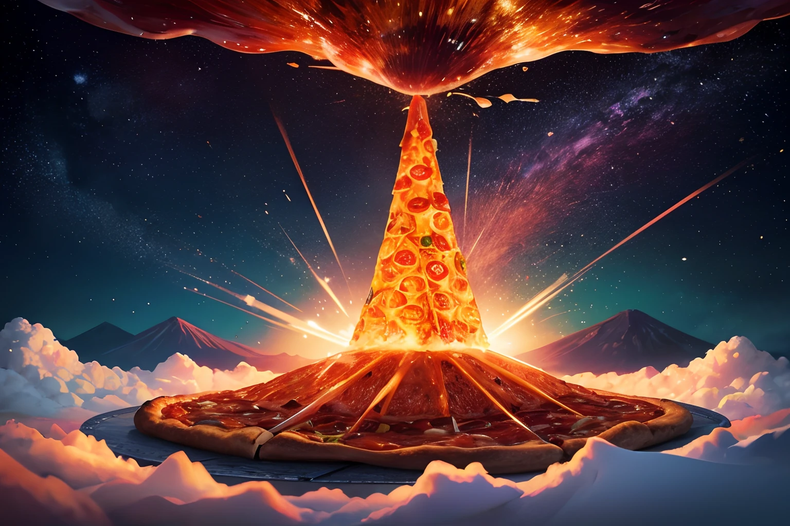 pizza volcano erupting, shining pizza, cheese, bacon, vegetables, scattering, universe background, scenery