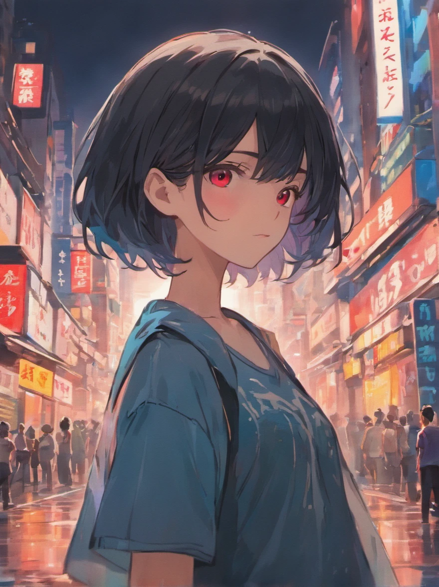 1girl, short black hair, red eyes, beautiful detailed eyes and face, extremely detailed eyes and face, long eyelashes, wearing a semi-transparent shirt showing nipples, denim shorts, standing in a vibrant city with tall buildings and bustling streets, surrounded by colorful lights and neon signs, best quality, 8K resolution, ultra-detailed, realistic, capturing the urban atmosphere with professional studio lighting, vivid colors, capturing the viewer's attention, creating an intense and intriguing contrast with the surrounding environment.