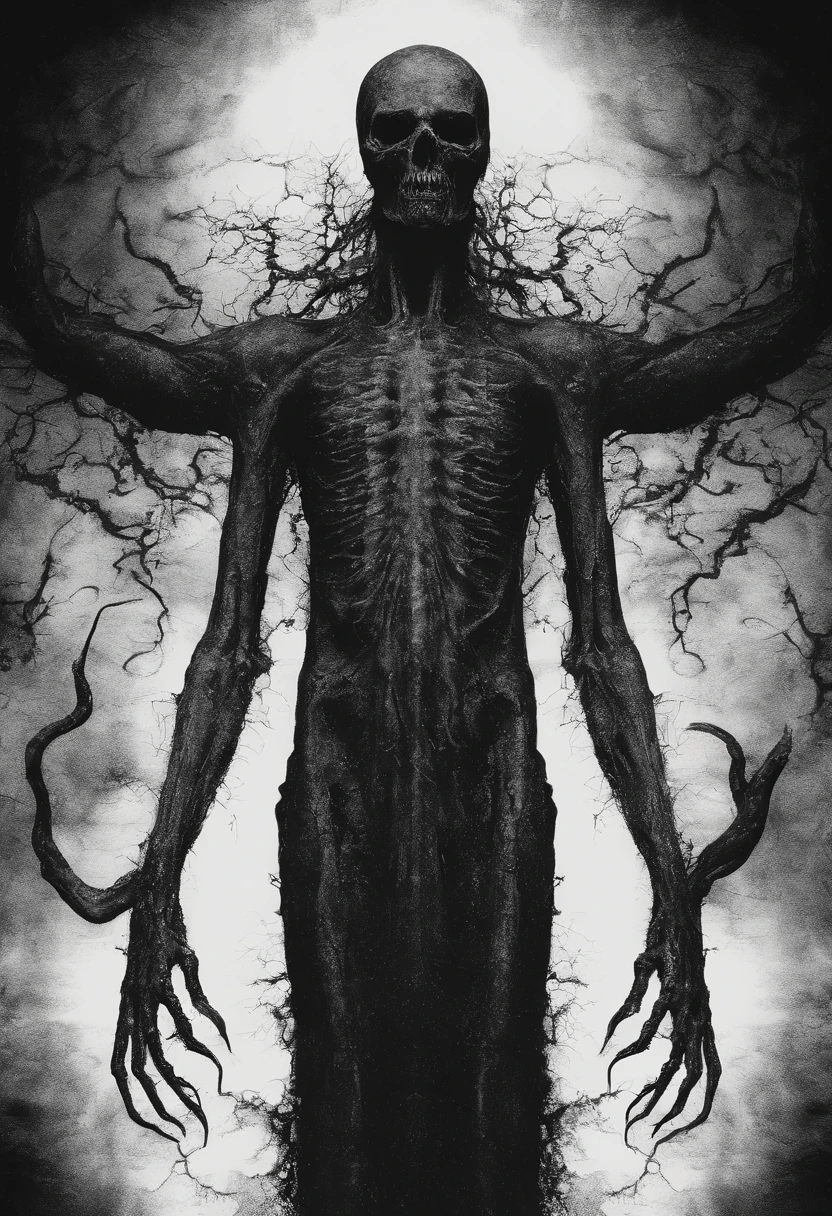 Criatura sem rosto, skin like starry sky, long arms, hands with 3 fingers, tentacles coming out of the whole body, tamanho colossal, aura de um buraco negro.