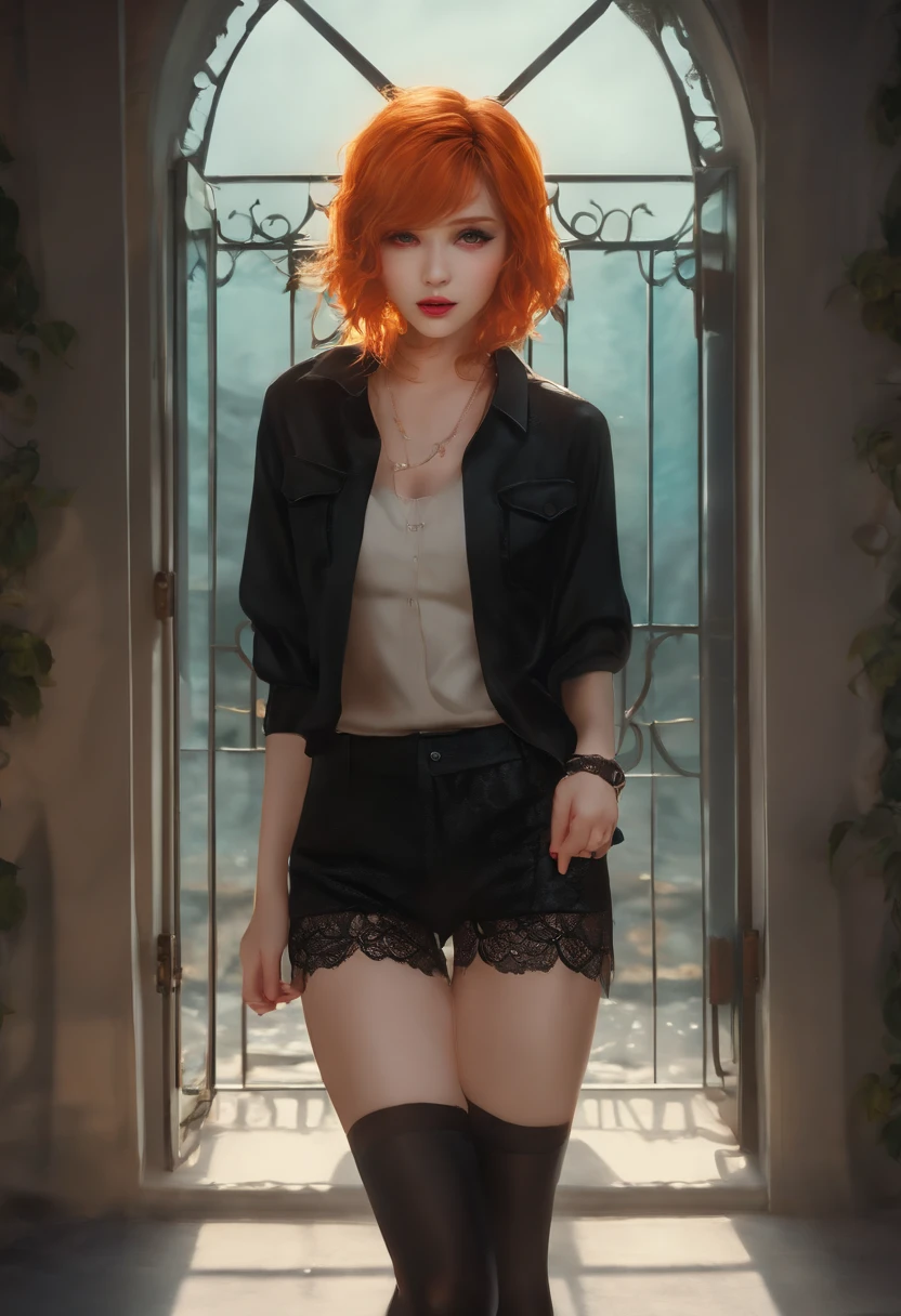 femele、(Orange hair)、(shorth hair)、(Turquoise eyes)、a miniskirt、gothic lorita、(Black lace shorts)、thick thight、Blushing face、Posture with open legs、Black bed、Cinematographic lighting、Sweaty face、embarrassed from