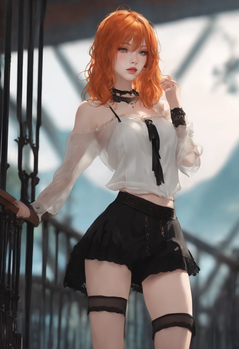 femele、(Orange hair)、(shorth hair)、(Turquoise eyes)、a miniskirt、gothic lorita、(Black lace shorts)、thick thight、Blushing face、Posture with open legs、Black bed、Cinematographic lighting、Sweaty face、embarrassed from