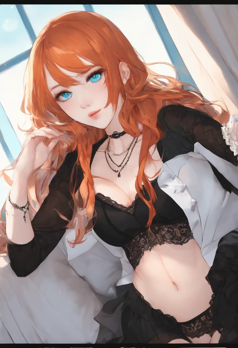femele、(Orange hair)、(shorth hair)、(Turquoise eyes)、a miniskirt、gothic lorita、(Black lace shorts)、thick thight、Blushing face、Posture with open legs、Black bed、Cinematographic lighting、Sweaty face、embarrassed from