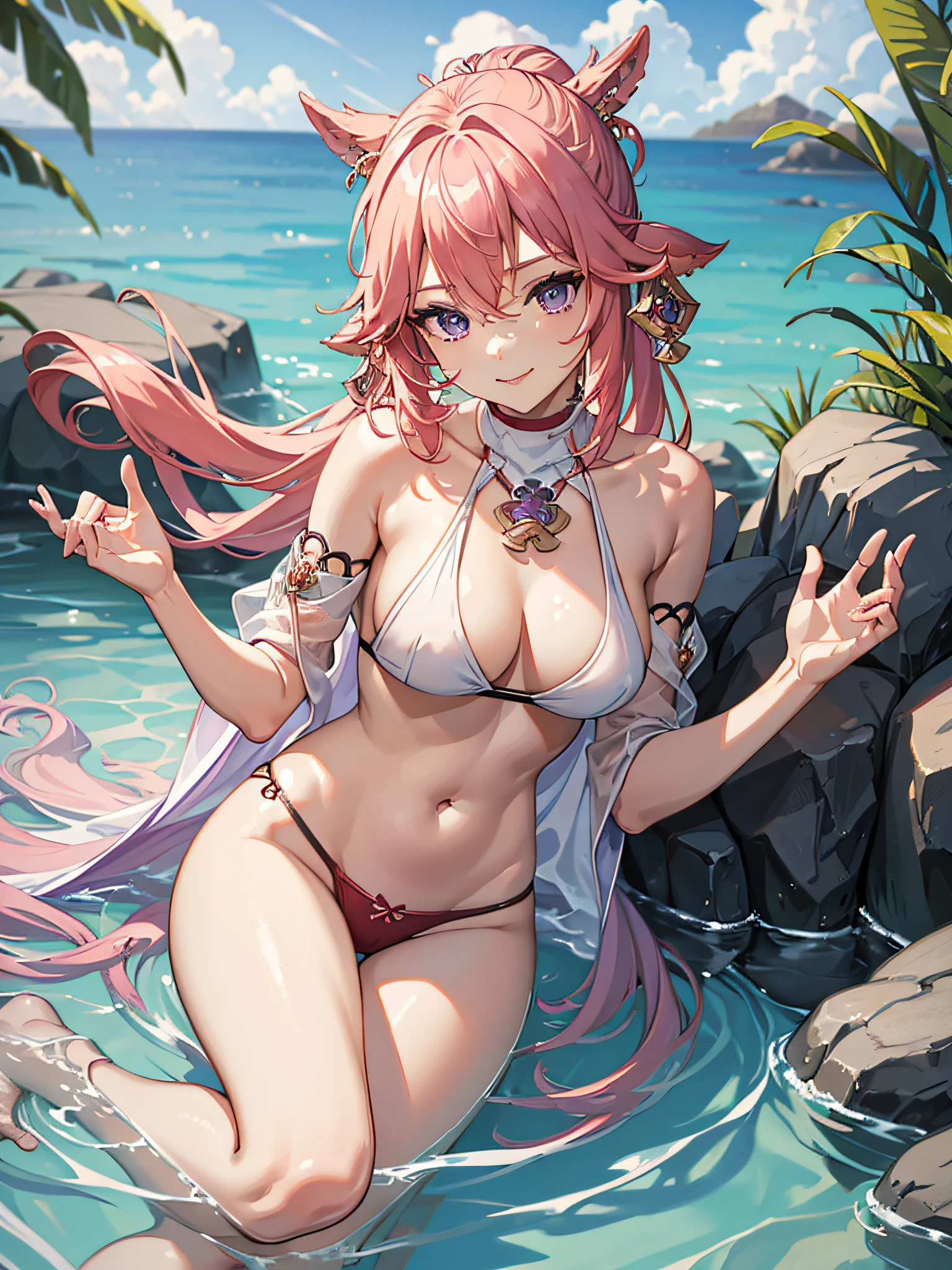 (masterpiece, best quality:1.2), highres, high resolution, solo, 1girl, yae miko, pink hair, side locks, long hair, hair tied up, hair bun, bun, purple eyes, big smile, looking at viewer, no jewellery, no earnings, , , naked, , swimsuit, red bra, red panties, undergarments, BRA, PANTIES, navel, bare navel, large breast, large boobs, large chest, light smile, teeth, bare shoulders, collar bones, collar bones exposed, portrait shot, upper body shot, BREAK outdoors, sitting, hot spring, legs in water, legs crossed, legs, thighs, steps, blur background, sitting, alluring face, beautiful face, perfect fingers, perfect ???????. PORTRAIT SHOT, masterpiece, high quality.