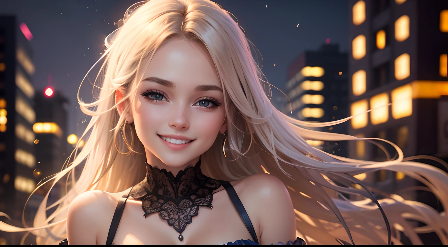 Realistically expressed beautiful girl smiling in the moonlight in the city