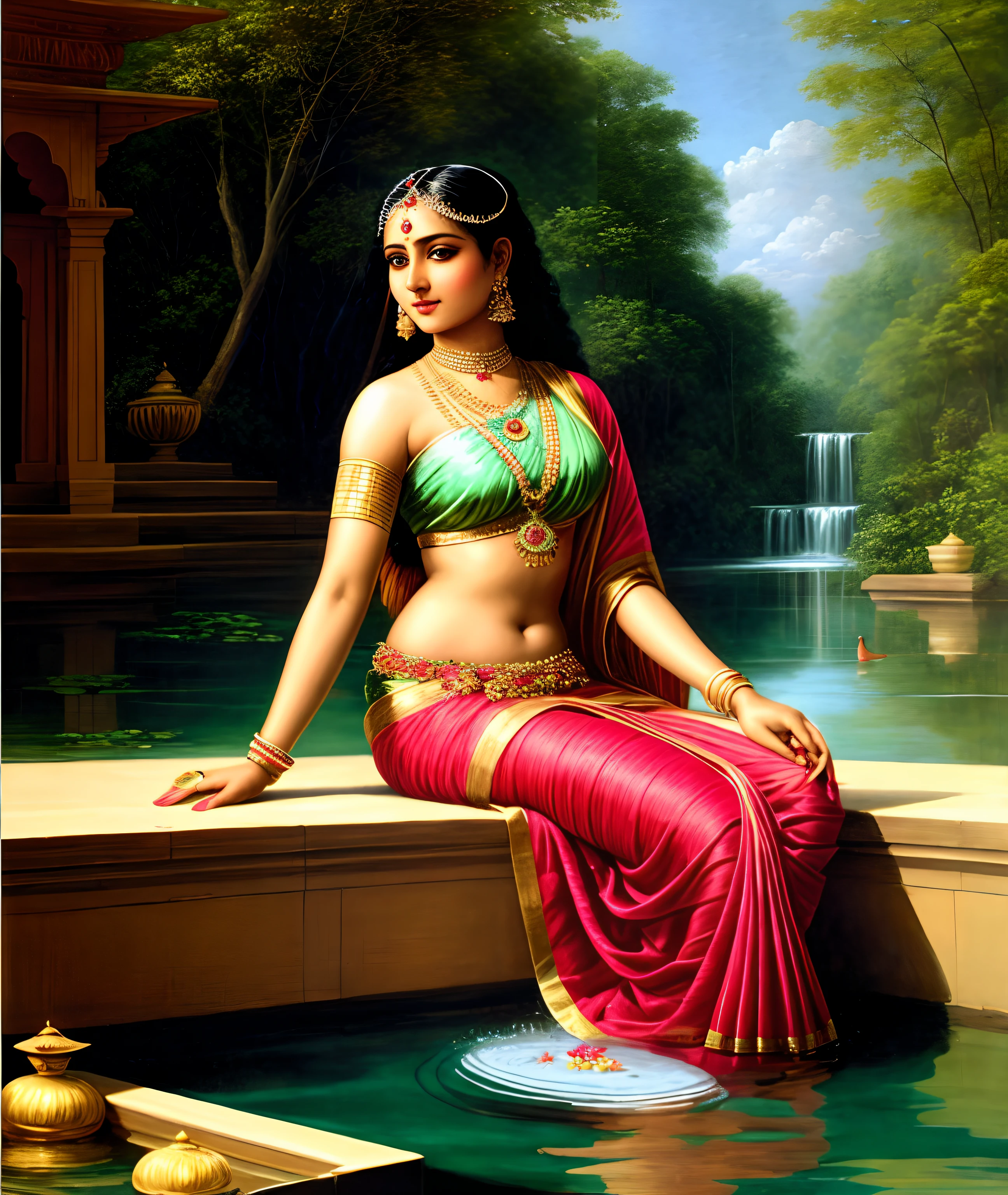 Beautiful and detailed eyes, painting of a woman in a sari bathing in a Royal pond, traditional beauty, portrait of a beautiful goddess, indian goddess, inspired by Raja Ravi Varma, indian art, beautiful goddess, painting of beautiful, beautiful character painting, a stunning portrait of a goddess, beautiful maiden, gorgeous woman, godess, by Raja Ravi Varma, inspired by T. K. Padmini