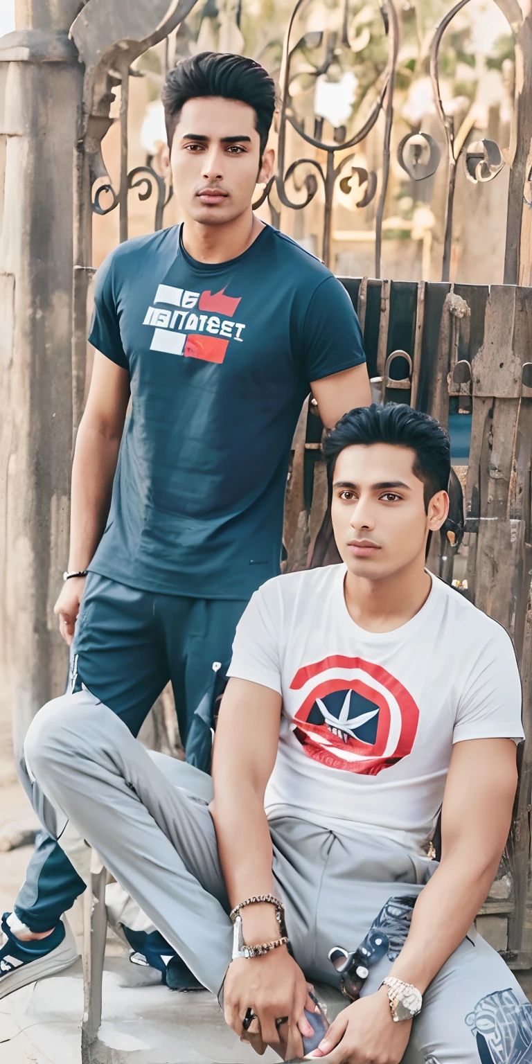 there are two men sitting on a chair together in front of a gate, inspired by Manjit Bawa, profile pic, competition winning, by Manjit Bawa, indian super model, morning shot, heroic look, modeling shoot, profile image, 🕹️ 😎 🔫 🤖 🚬, in tshirt, chappie in an adidas track suit, instagram post