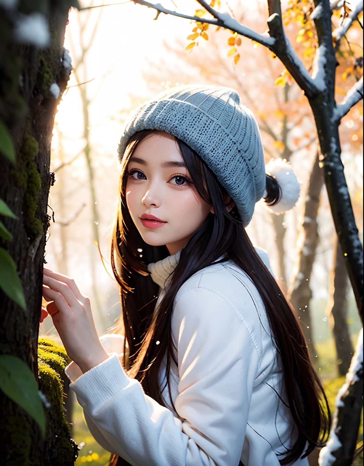 a lovely painting of a girl in the forest with light snow falling,
