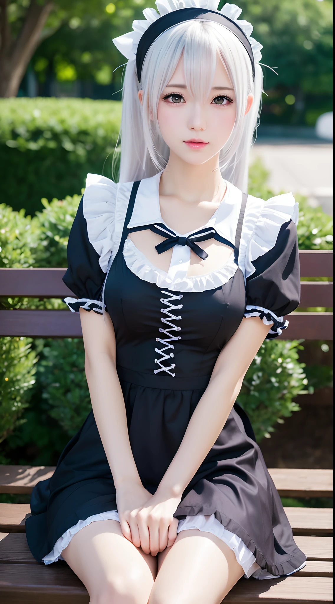 Anime girl in maid costume sitting on bench,The background is a city, Best anime 4k konachan wallpaper, Fine details. Girl Front, lollipop, from girls frontline, A scene from the《azur lane》videogame, nightcore, azur lane style, cute anime waifu in a nice dress, Perfect white haired girl, seductive anime girls, Smooth anime CG art