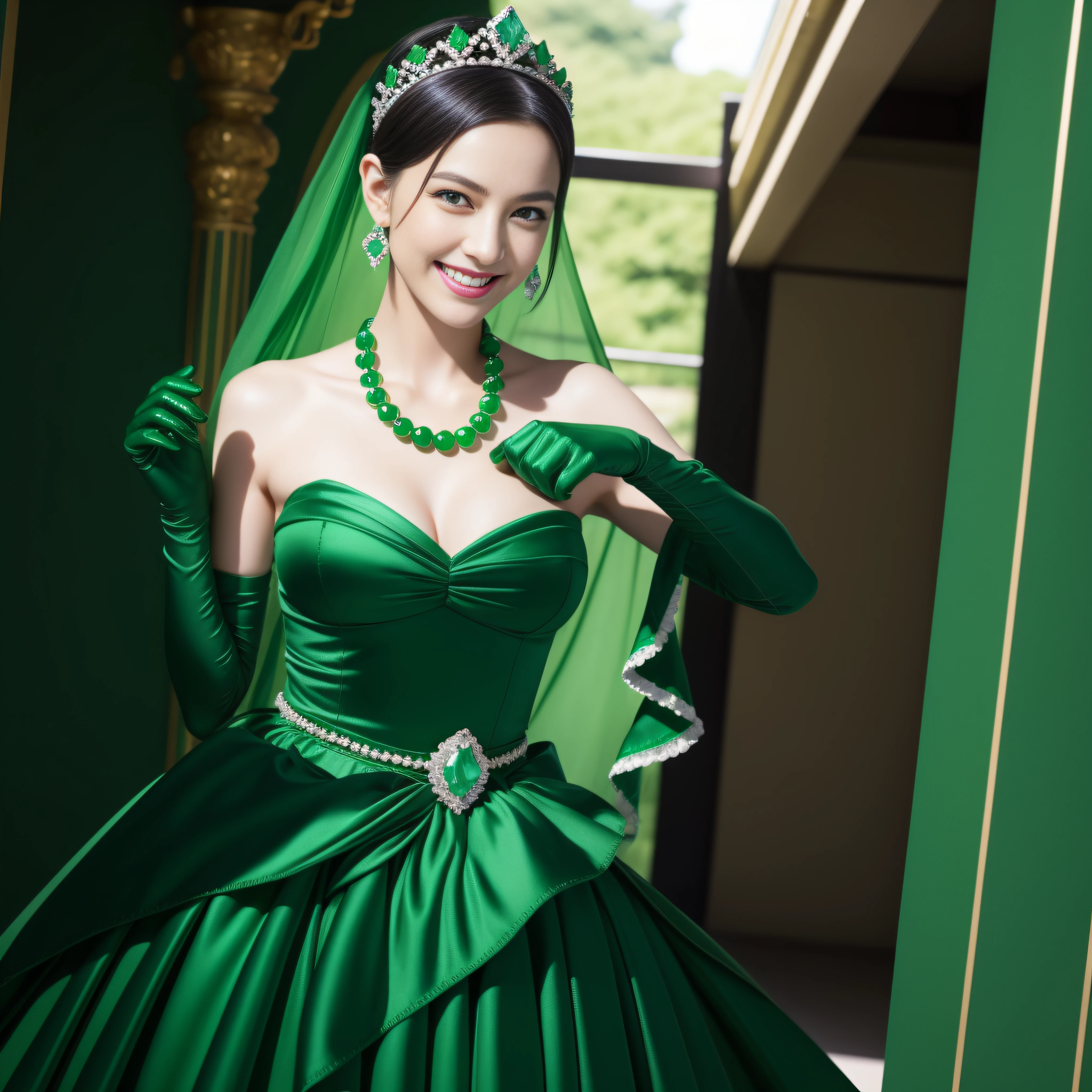 emerald tiara, Green Pearl Necklace, Boyish very short black hair, lipsticks, Japan woman smiling, very short short hair, big breasts beautiful, Green eyes, Long green gloves made of satin material, Green eyes, Emerald Earrings