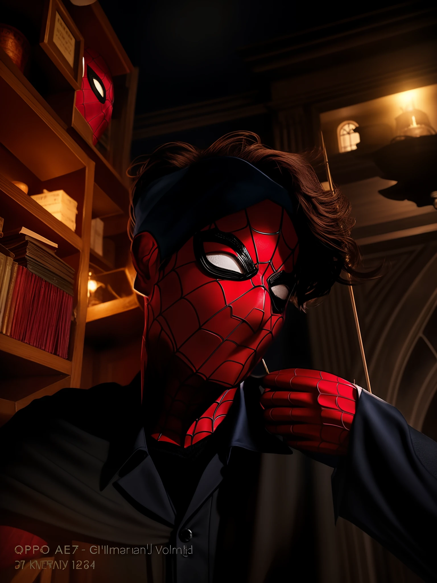 If spider man studied at Hogwarts, witchcraft based uniform, medieval and modern style, realistic, movie scene, gloomy environment