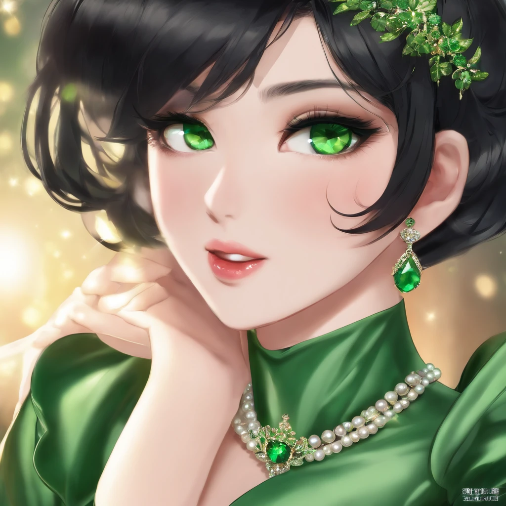 emerald tiara, Green Pearl Necklace, Boyish very short black hair, lipsticks, Japan woman smiling, very short short hair, big breasts beautiful, Green eyes, Long green gloves made of satin material, Green eyes, Emerald Earrings