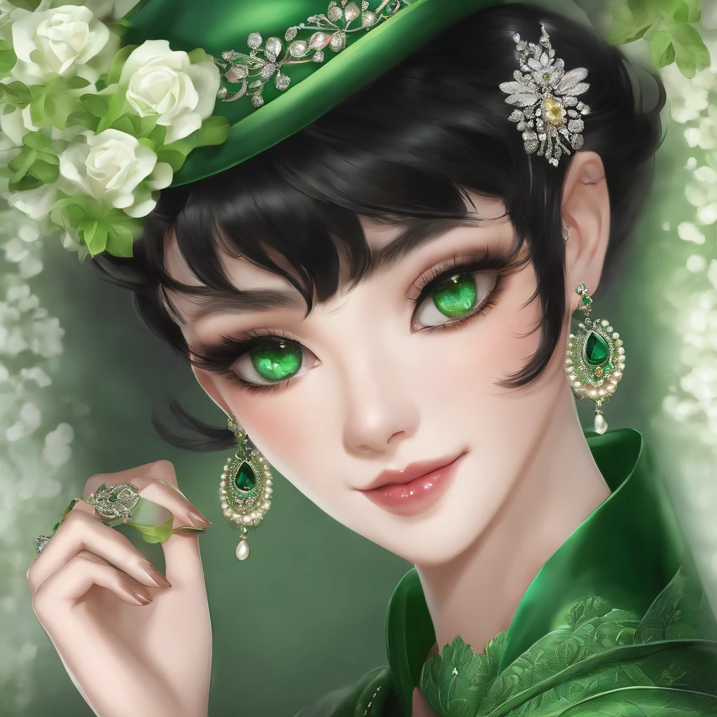 emerald tiara, Green Pearl Necklace, Boyish very short black hair, lipsticks, Japan woman smiling, very short short hair, big breasts beautiful, Green eyes, Long green gloves made of satin material, Green eyes, Emerald Earrings