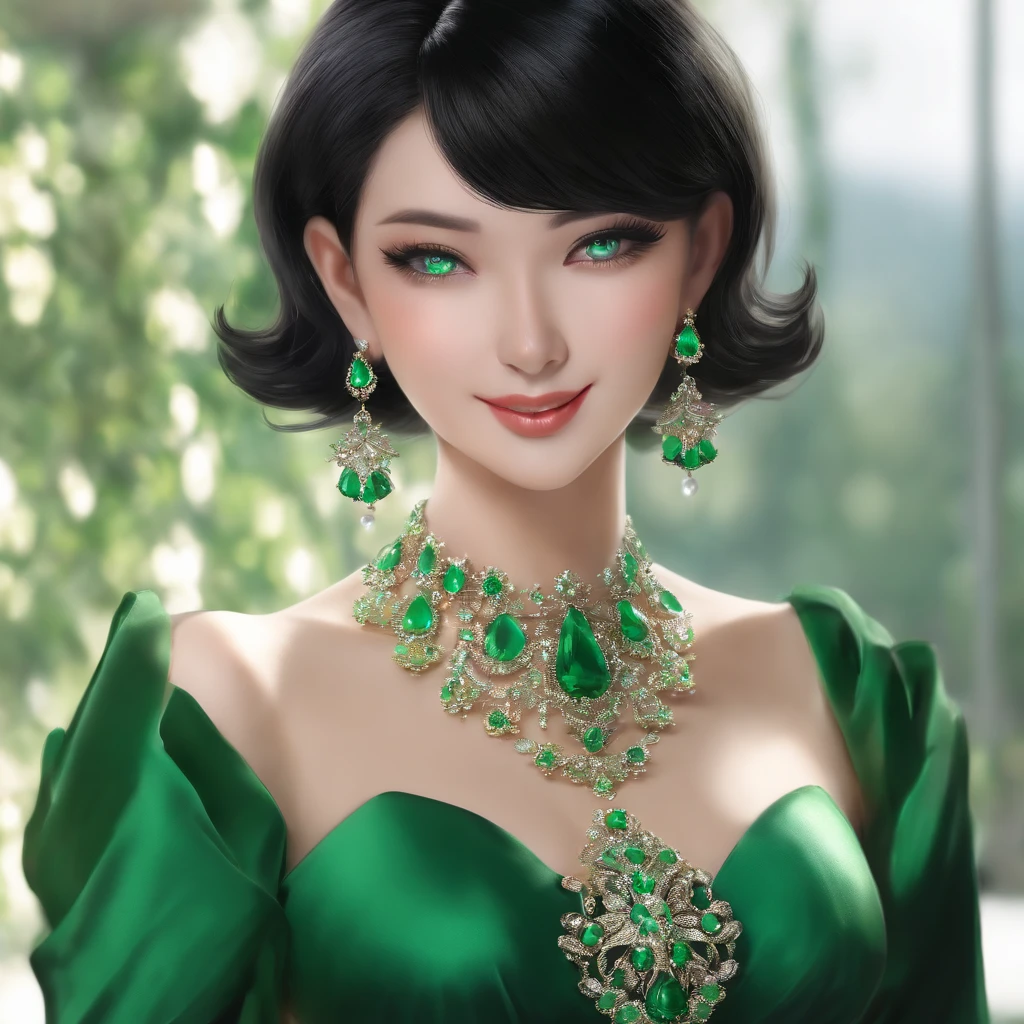 emerald tiara, Green Pearl Necklace, Boyish very short black hair, lipsticks, Japan woman smiling, very short short hair, big breasts beautiful, Green eyes, Long green gloves made of satin material, Green eyes, Emerald Earrings