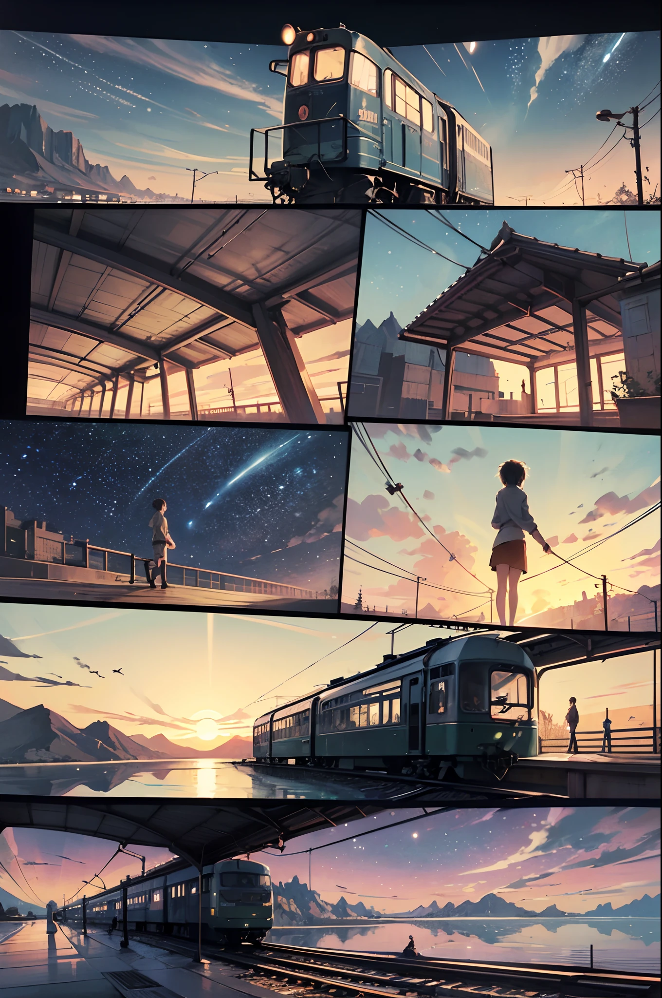 comic strip，Cartoon Split（4 or 5 or 6 tiles），Storyboard，Masterpiece, Anime train passing through bodies of water on tracks, Bright starry sky. Romantic train, Makoto Shinkai's picture, Pisif, concept-art, Lofi art style, Reflection. By Makoto Shinkai, Lofi art, beautiful anime scenes, Anime landscape, Detailed scenery —width 672, in the style of makoto shinkai, Makoto Shinkai's style, Enhanced detail.