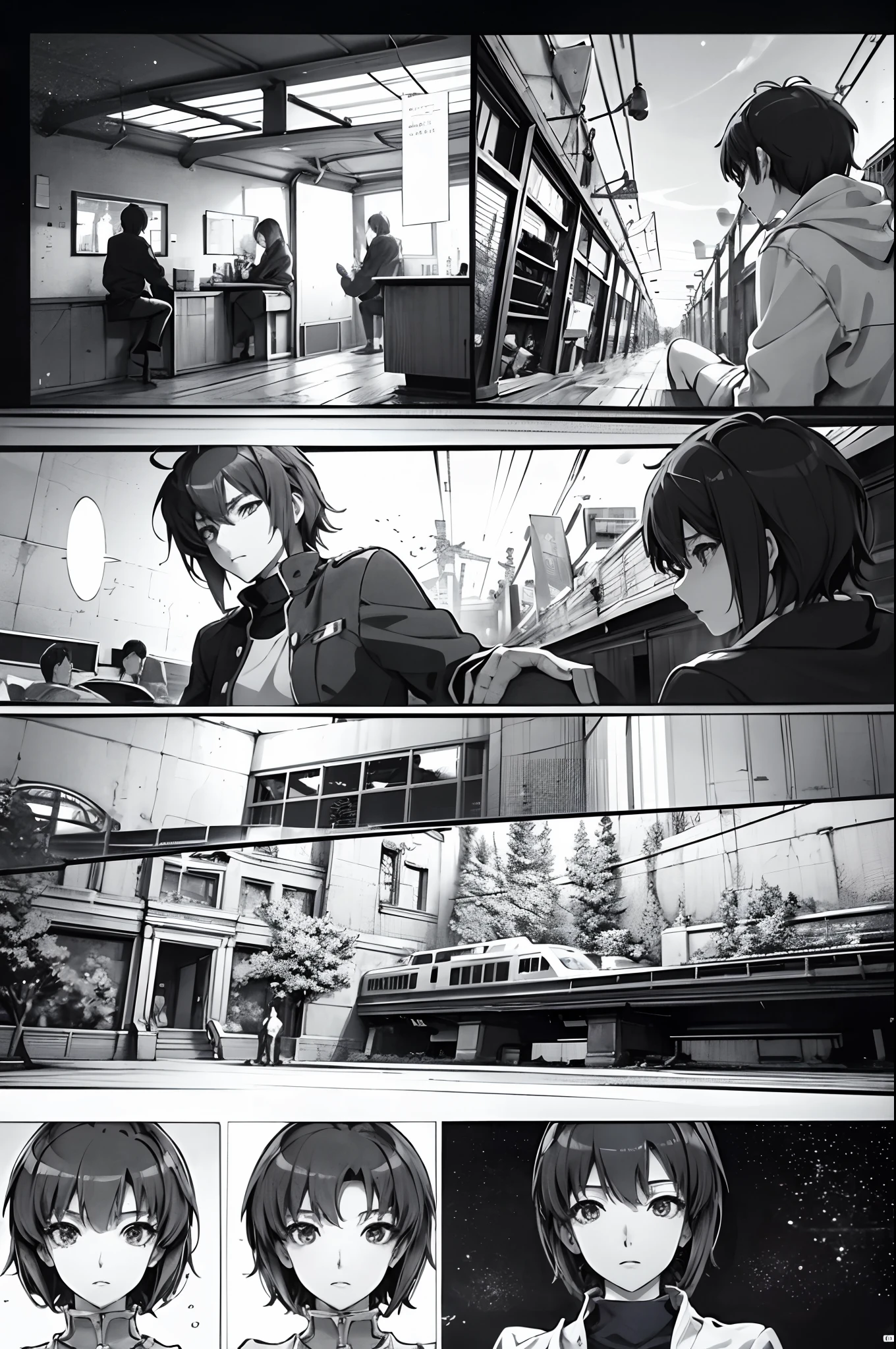 comic strip，Cartoon Split（4 or 5 or 6 tiles），Storyboard，Masterpiece, Anime train passing through bodies of water on tracks, Bright starry sky. Romantic train, Makoto Shinkai's picture, Pisif, concept-art, Lofi art style, Reflection. By Makoto Shinkai, Lofi art, beautiful anime scenes, Anime landscape, Detailed scenery —width 672, in the style of makoto shinkai, Makoto Shinkai's style, Enhanced detail.
