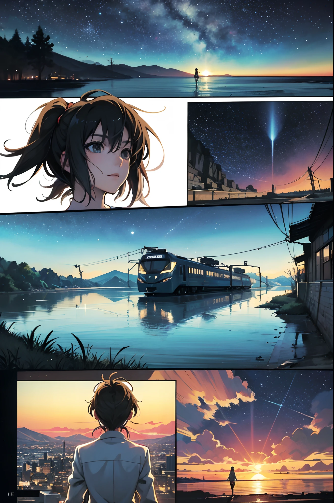 comic strip，Cartoon Split（4 or 5 or 6 tiles），Storyboard，Masterpiece, Anime train passing through bodies of water on tracks, Bright starry sky. Romantic train, Makoto Shinkai's picture, Pisif, concept-art, Lofi art style, Reflection. By Makoto Shinkai, Lofi art, beautiful anime scenes, Anime landscape, Detailed scenery —width 672, in the style of makoto shinkai, Makoto Shinkai's style, Enhanced detail.