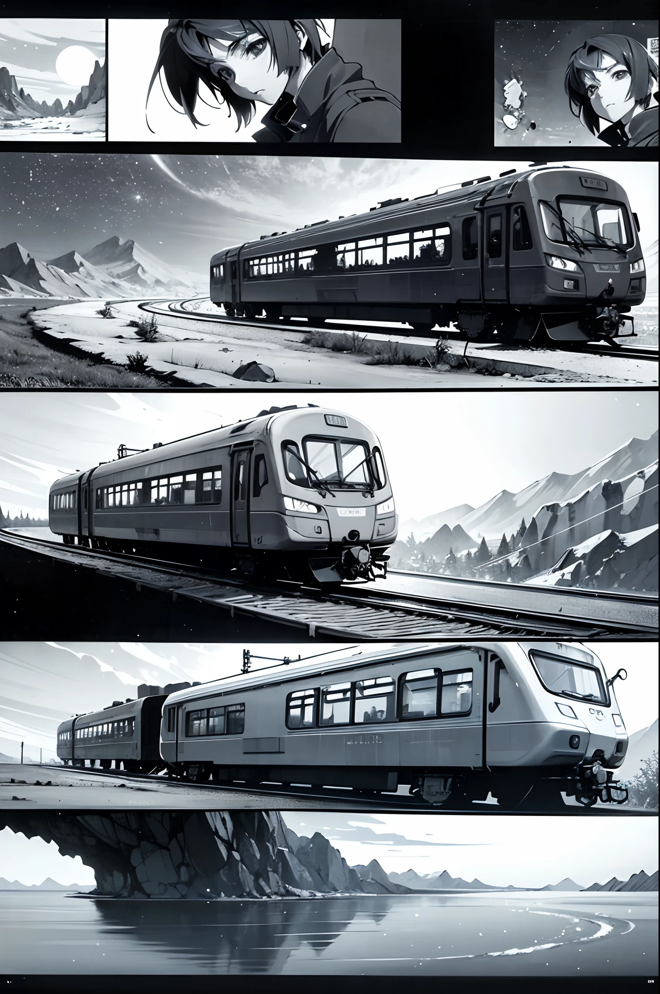 comic strip，Cartoon Split（4 or 5 or 6 tiles），Storyboard，Masterpiece, Anime train passing through bodies of water on tracks, Bright starry sky. Romantic train, Makoto Shinkai's picture, Pisif, concept-art, Lofi art style, Reflection. By Makoto Shinkai, Lofi art, beautiful anime scenes, Anime landscape, Detailed scenery —width 672, in the style of makoto shinkai, Makoto Shinkai's style, Enhanced detail.