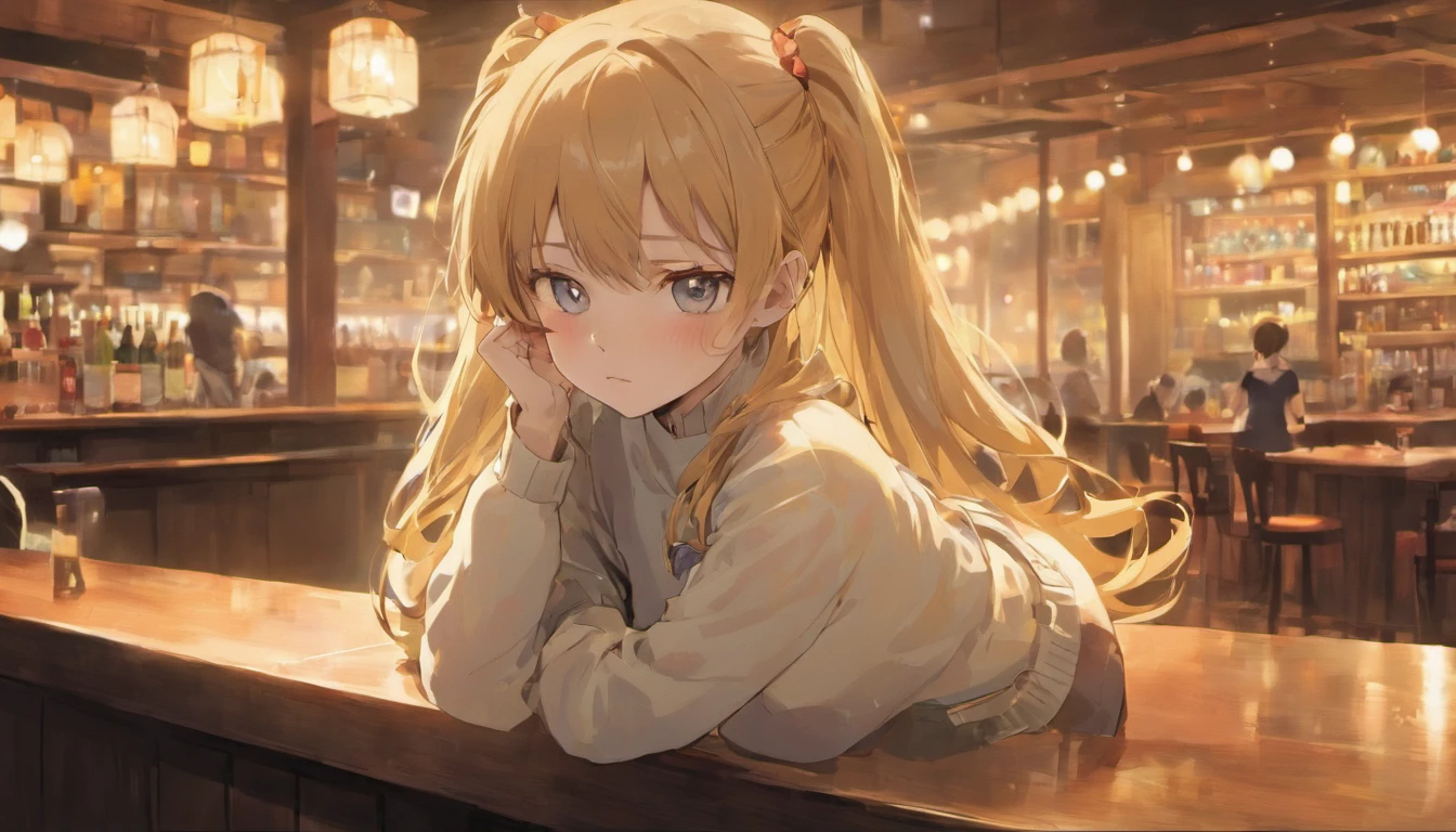 8K, Best Quality, Realistic photos, Detalhes realistas, clear face, delicate facial features, True skin shine, Sweet girl, Shy, facing the camera, A  girl, sitting in a bar in a gray openwork sweater and tight denim, Clear Strip Background, looking out over the sea, Hands on the bar counter, thights, shapely body, big breasts, 24 years old, Charming, seductive eyes