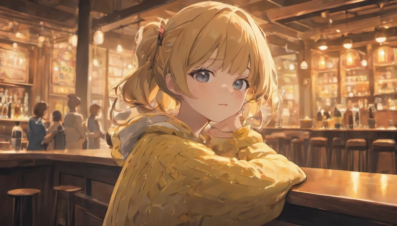 8K, Best Quality, Realistic photos, Detalhes realistas, clear face, delicate facial features, True skin shine, Sweet girl, Shy, facing the camera, A girl, sitting in a bar in a gray openwork sweater and tight denim, Clear Strip Background, looking out over the sea, Hands on the bar counter, thights, shapely body, big breasts, 24 years old, Charming, seductive eyes