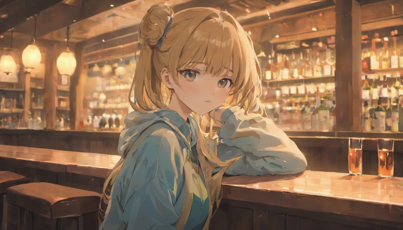 8K, Best Quality, Realistic photos, Detalhes realistas, clear face, delicate facial features, True skin shine, Sweet girl, Shy, facing the camera, A girl, sitting in a bar in a gray openwork sweater and tight denim, Clear Strip Background, looking out over the sea, Hands on the bar counter, thights, shapely body, big breasts, 24 years old, Charming, seductive eyes