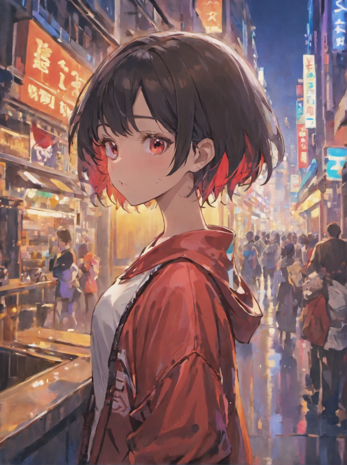 1girl, short black hair, red eyes, beautiful detailed eyes and face, extremely detailed eyes and face, long eyelashes, wearing a semi-transparent shirt showing nipples, denim shorts, standing in a vibrant city with tall buildings and bustling streets, surrounded by colorful lights and neon signs, best quality, 8K resolution, ultra-detailed, realistic, capturing the urban atmosphere with professional studio lighting, vivid colors, capturing the viewer's attention, creating an intense and intriguing contrast with the surrounding environment.
