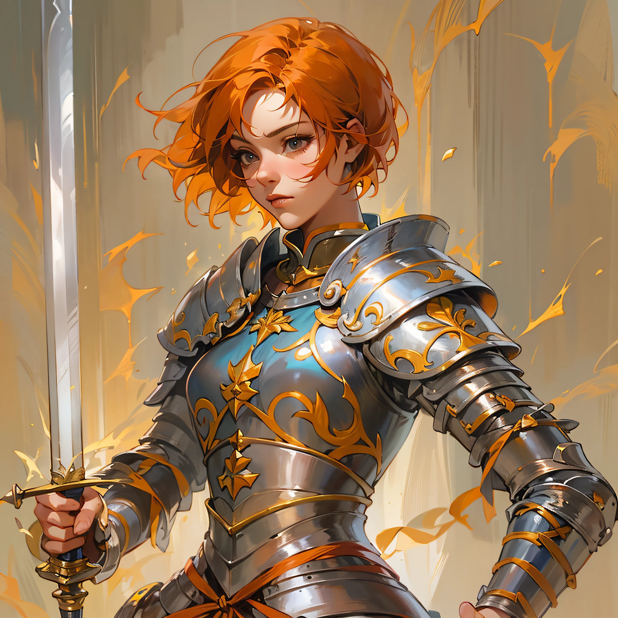 Make a warrior woman, with fine features and short orange hair, Joanna d'Arc, master of fencing, holding the hilt of a rapier sword with her left hand, paladin, right hand on closed chest, oath, wears full armor