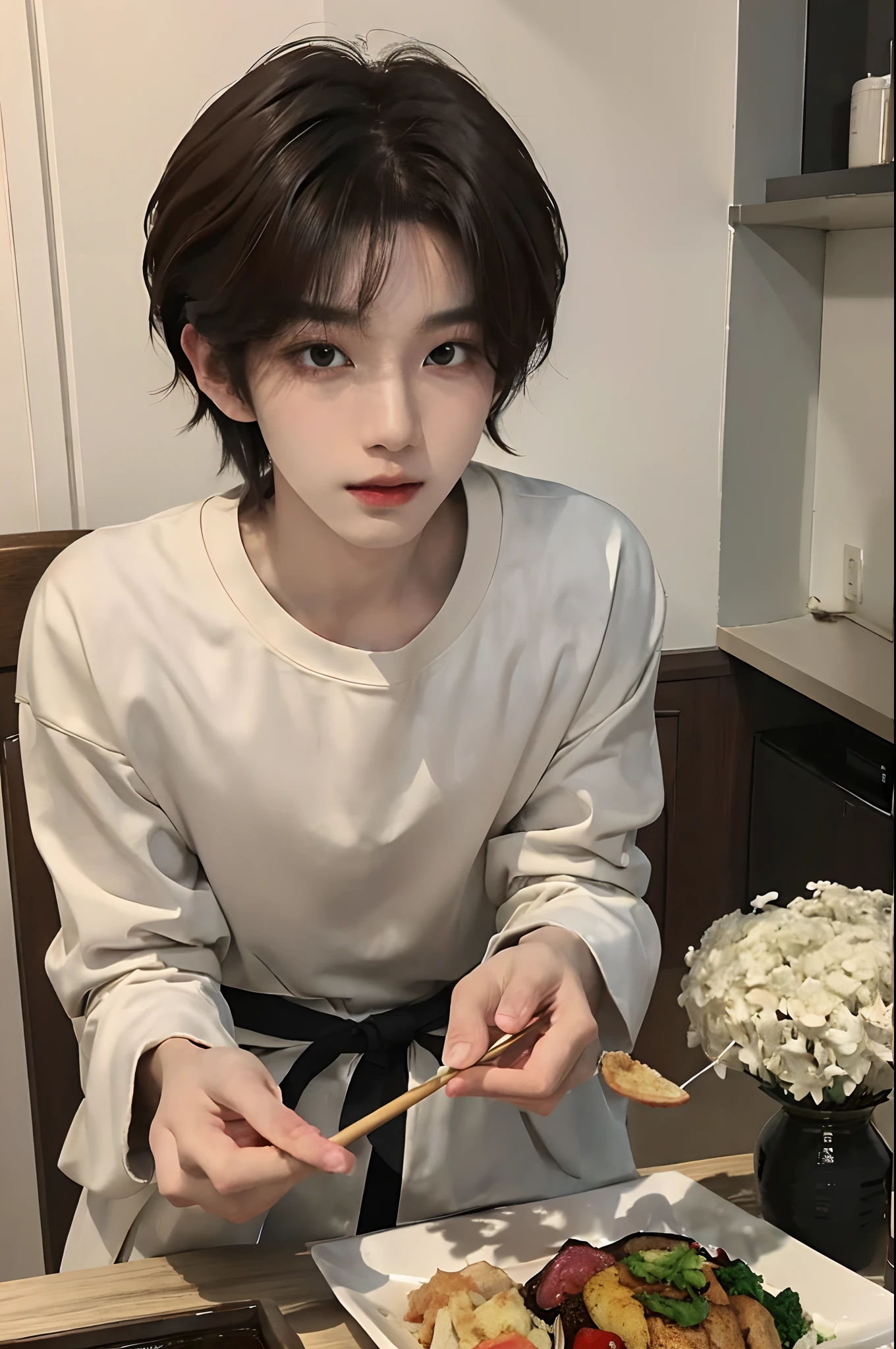 masterpiece、top-quality)、One Manly Boy、Slim body、((Black and white plain clothes:1.1))、(Detailed beautiful eyes)、In the kitchen of a rich man's house、Face similar to Chaewon in Le Selefim、((short hair above the ears))、((Smaller face))、((Neutral face))、((Light brown eyes))、((Korean boy))、((18year old))、((Handsome man))、((Wild look))、((Korean Makeup))、((elongated and sharp eyes))、((Happy dating))、((In the middle of the meal))、((Looking Up))、((shot from front))