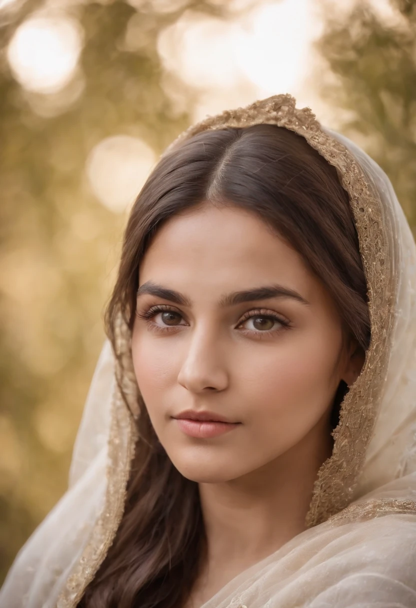 A Photograph capturing the timeless beauty of a 20-year-old Afghan woman with a light complexion. Her radiant face is flawlessly captured in a professional and marketing photoshoot. The composition showcases her graceful features, with subtle hints of warm golden light highlighting her delicate bone structure. Against a neutral background, she exudes confidence and inner strength, resonating with the viewer through her captivating gaze and serene expression.