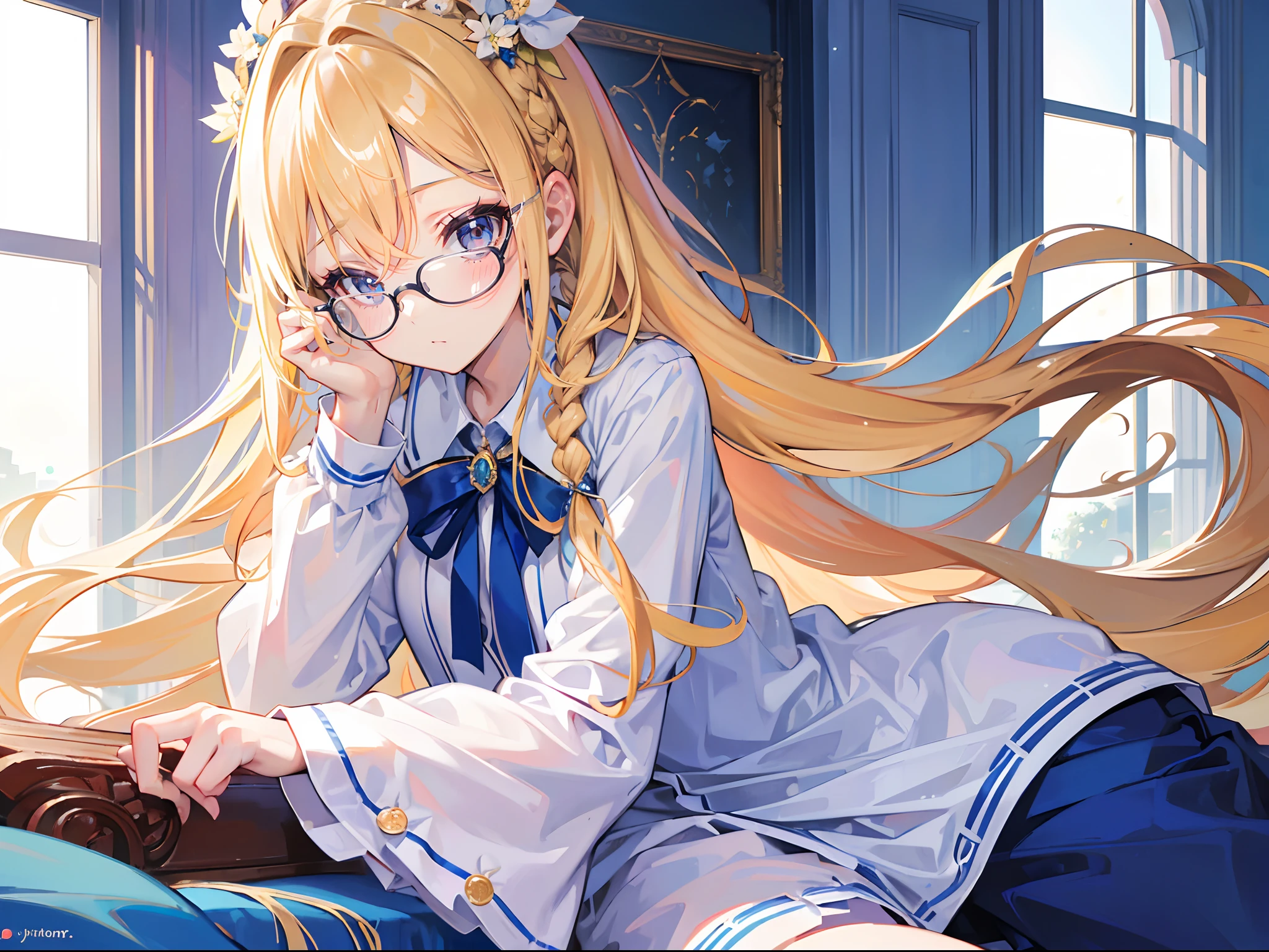 (bestquality,ultra-detail,highres:1.2),Beautiful long blonde hair,Bright blue eyes,detailed face,Shy Expression,18 year old girl,pajama,Left Braid,eyeglasses,Shy face