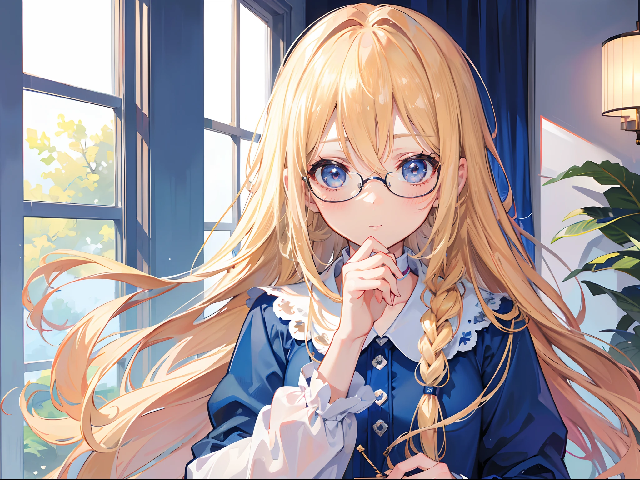(bestquality,ultra-detail,highres:1.2),Beautiful long blonde hair,Bright blue eyes,detailed face,Shy Expression,18 year old girl,pajama,Left Braid,eyeglasses,Shy face