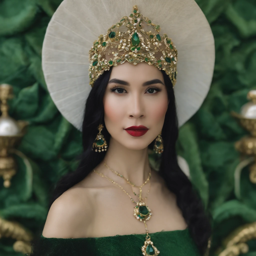 emerald tiara, Green Pearl Necklace, Boyish very short black hair, lipsticks, Japan woman smiling, very short short hair, big breasts beautiful, Green eyes, Long green gloves made of satin material, Green eyes, Emerald Earrings