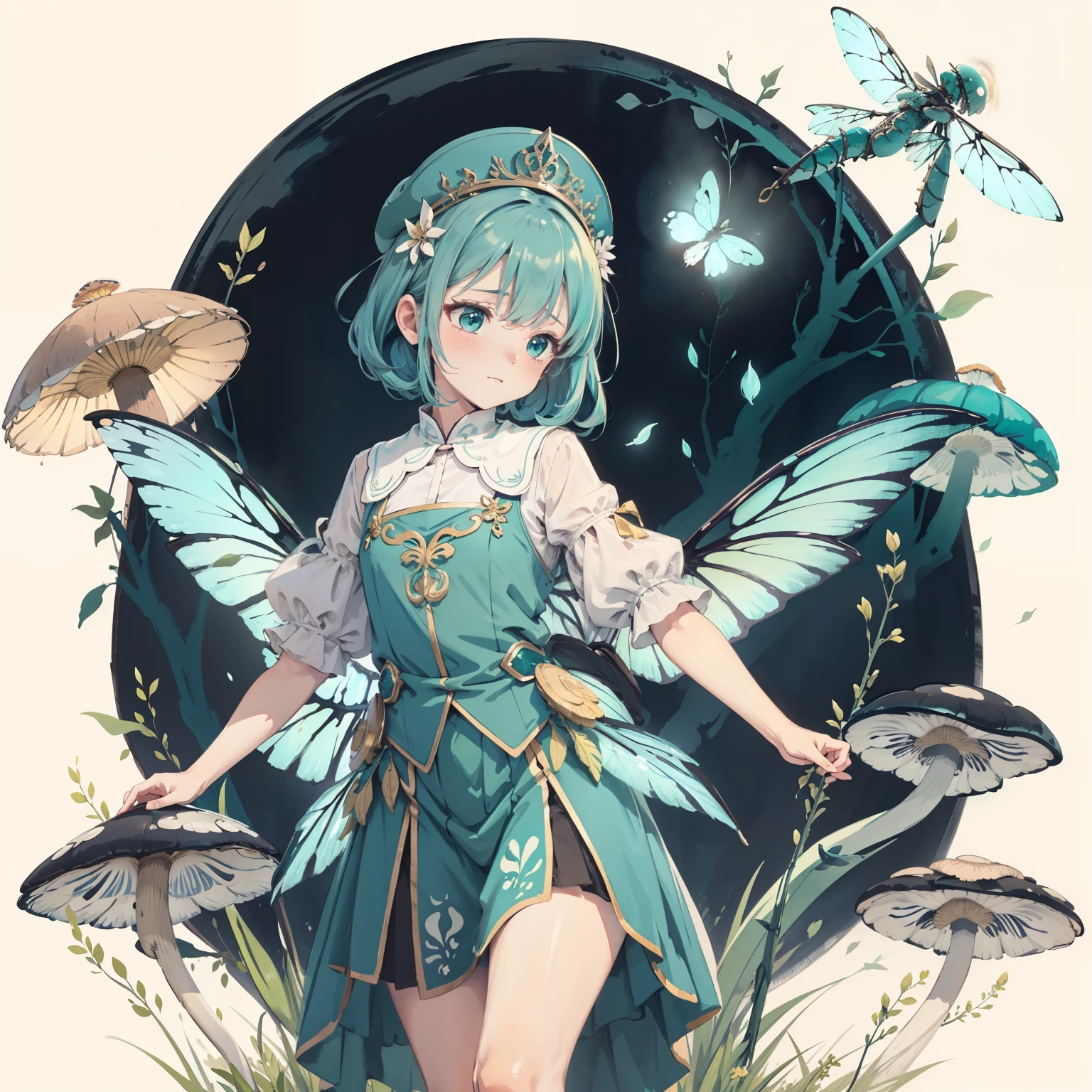Beautiful and aesthetic,, Solo,Cute,Aqua green,pleatedskirt,Dance,It has dragonfly-like wings and membrane wings,Cogumelos,Mushrooms,Huge mushrooms,spore,(glowing ambiance, enchanting glow, luminouslighting, Ethereal atmosphere,Watercolor illustration, Perfect anatomy, Masterpiece, Best quality, 1girll, li,elature, landscape