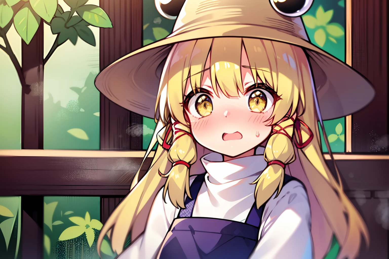 moriya suwako,、beautiful countenance、Highlights in the eyes、（embarrassed from）、with blush cheeks、Petite、Yellow eyes、yellow  hair、steam