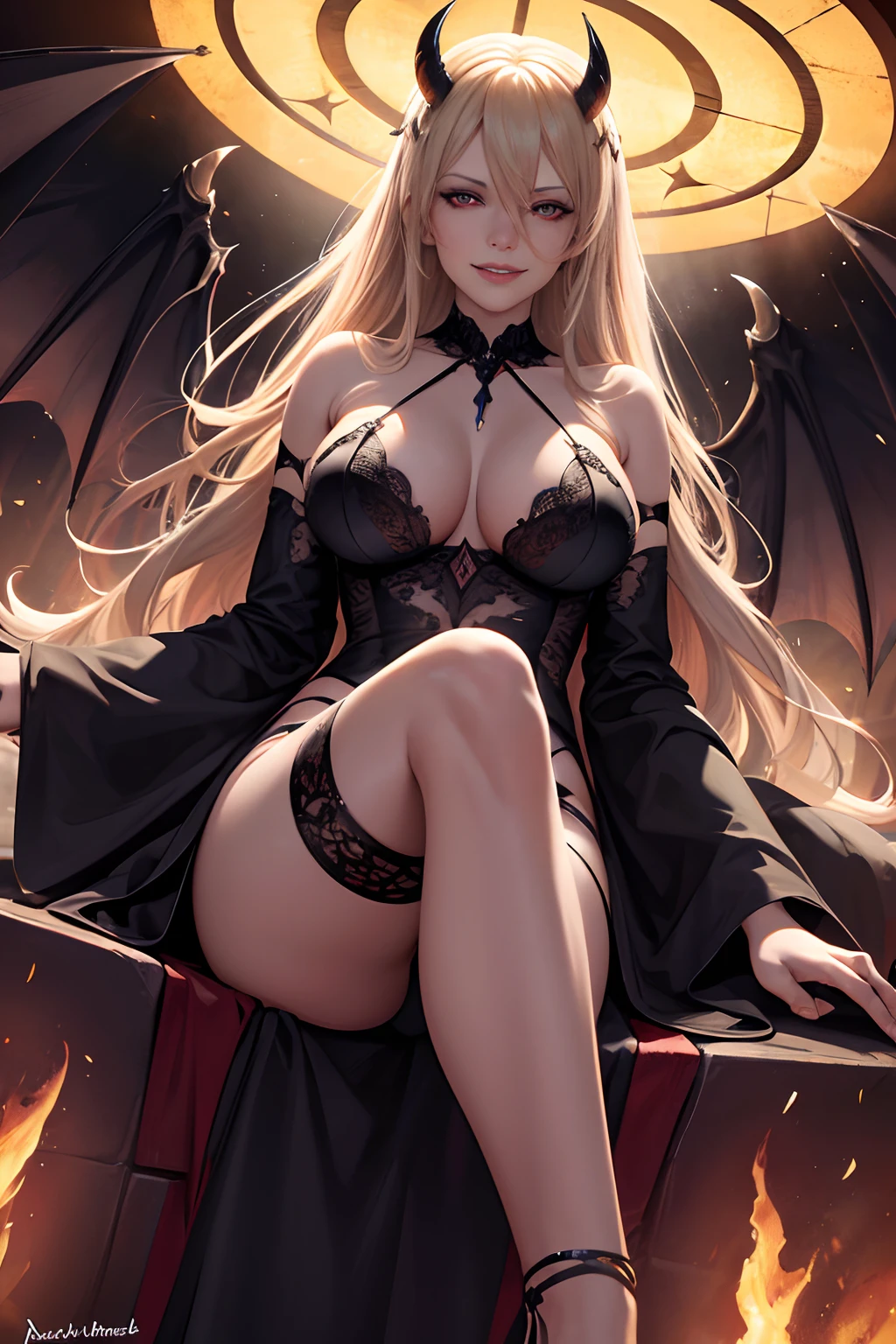 ultra detailed Stormy Daniels as Satan sur le Trone de l'enfer, Realistic detailed eyes, diable, Robe noire et rouge, demon wings, Demon horn, Context of the chaos of hell and destruction, Evil queen, looking straight at camera, smiling with contempt on his face, longs ongles noirs, Shaded illustration of a high-quality cell in hell, corps entier, pose dynamique, anatomie parfaite, centered, Freedom, soul, Approche de la perfection, Ombrage de cellule, 8k , Cinematic dramatic atmosphere, Water color painting, Illumination globale, detailed and intricate environment, ArtStation, Art conceptuel, mise au point fluide et nette, volumeric lighting, lighting cinematic