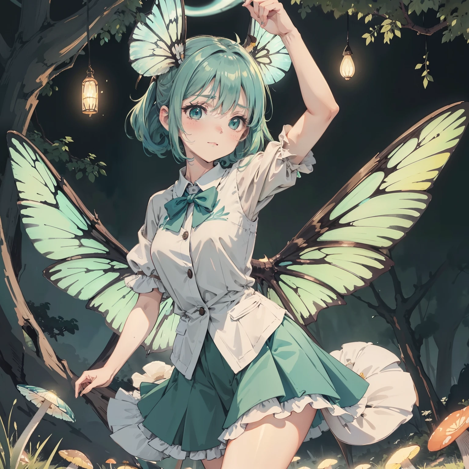 Beautiful and aesthetic,, Solo,Cute,Aqua green,pleatedskirt,Dance,It has dragonfly-like wings and membrane wings,Cogumelos,Mushrooms,Huge mushrooms,spore,(glowing ambiance, enchanting glow, luminouslighting, Ethereal atmosphere,Watercolor illustration, Perfect anatomy, Masterpiece, Best quality, 1girll, li,elature, landscape