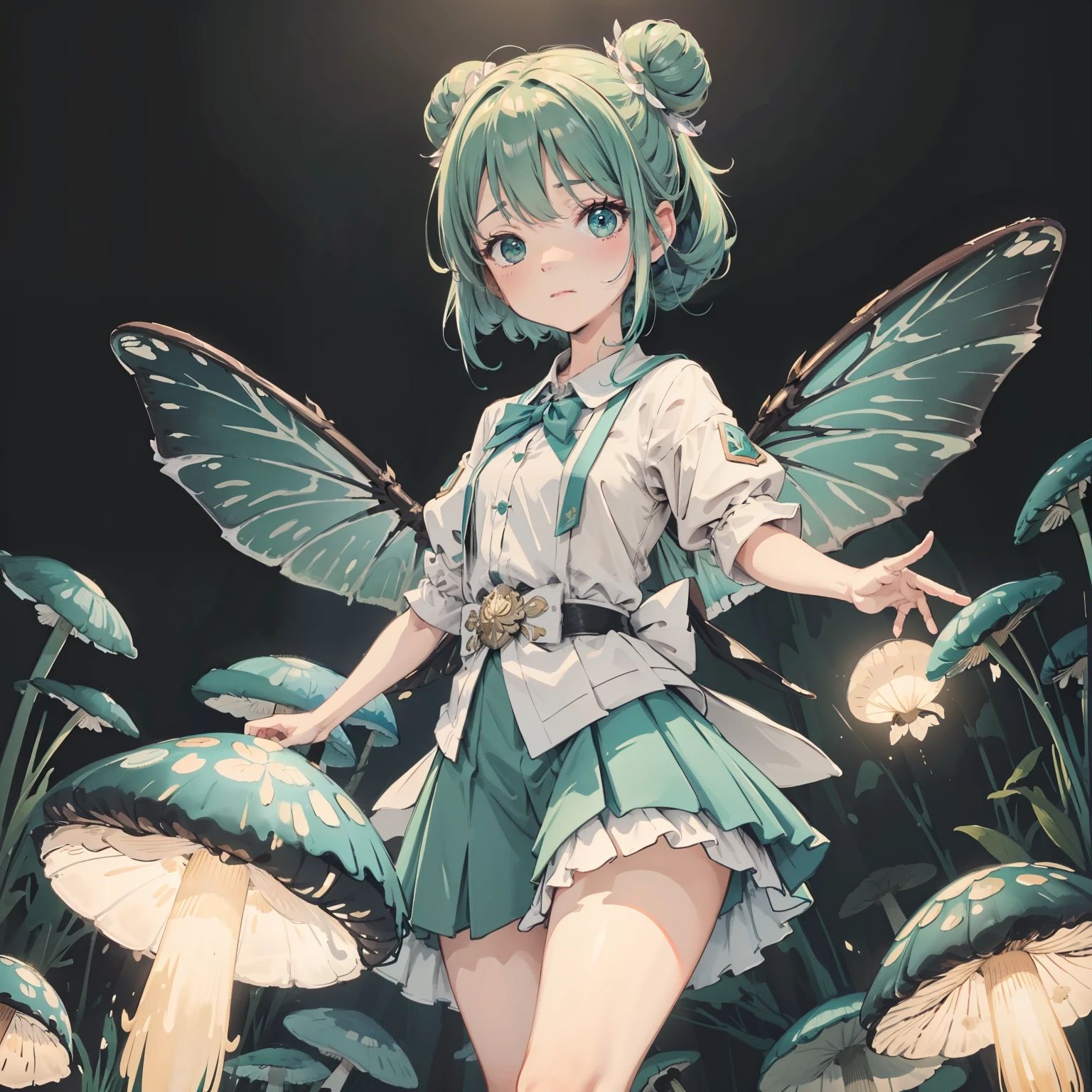 Beautiful and aesthetic,, Solo,Cute,Aqua green,pleatedskirt,Dance,It has dragonfly-like wings and membrane wings,Cogumelos,Mushrooms,Huge mushrooms,spore,(glowing ambiance, enchanting glow, luminouslighting, Ethereal atmosphere,Watercolor illustration, Perfect anatomy, Masterpiece, Best quality, 1girll, li,elature, landscape