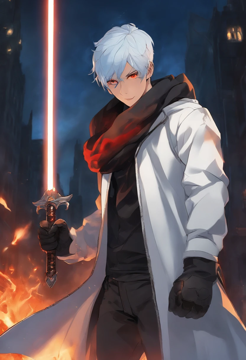 1boy, fiery blue hair, wearing white jacket, masterpiece, wearing scarf, cyberpunk, night time, fire ability, frown, intimidating look, mad, demonic red eyes, smoke, wearing black gloves, fighting, city, serious, dodging, snowy, ghost, blazing, smiling, jumping, blue fireball, aggresive, holding light sword
